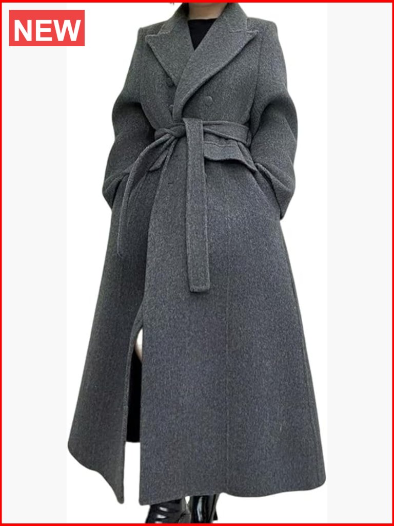 Wool Blend Long Pea Coat With Belt Double Breasted Winter Trench Coat